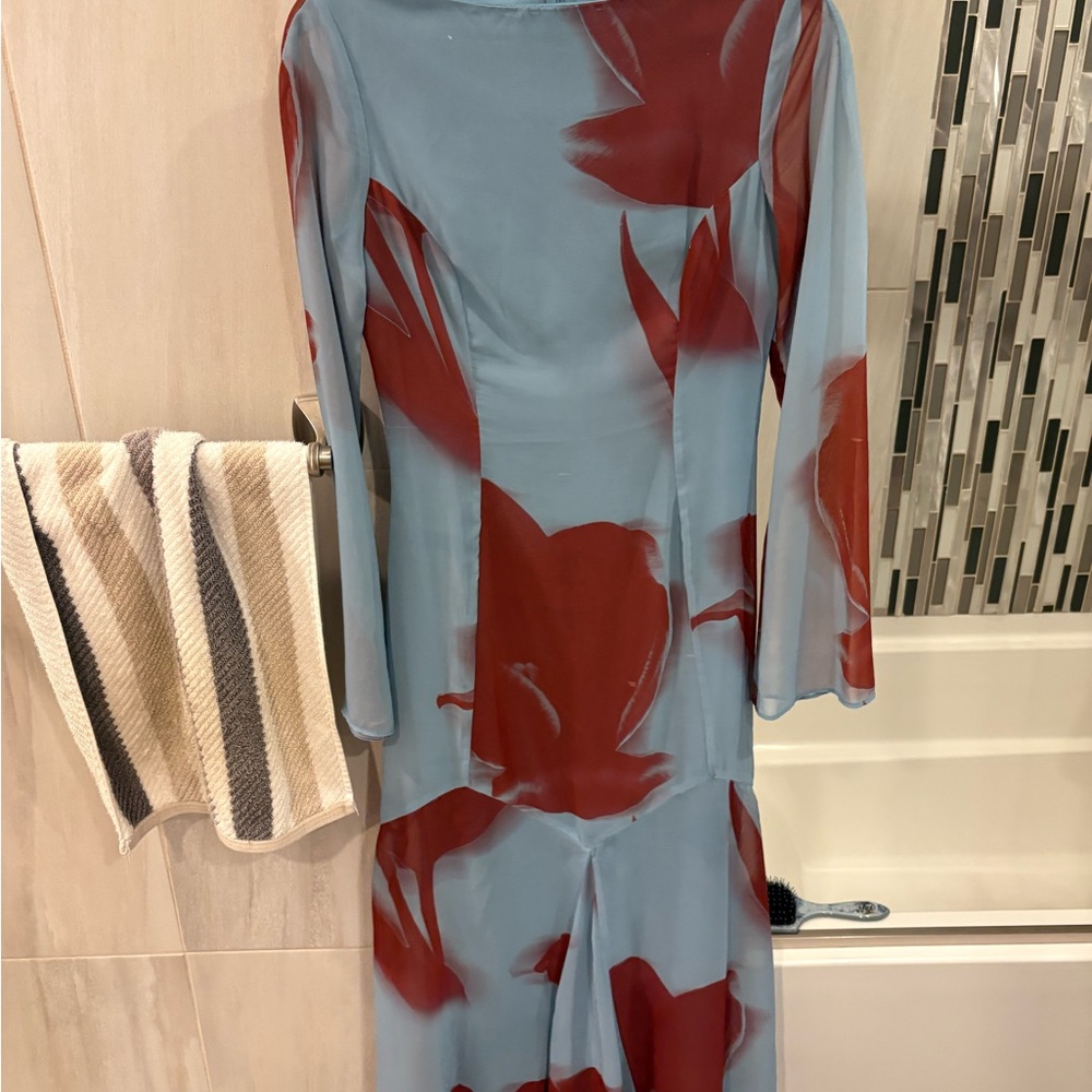 Elegant Blue and Red Floral Dress